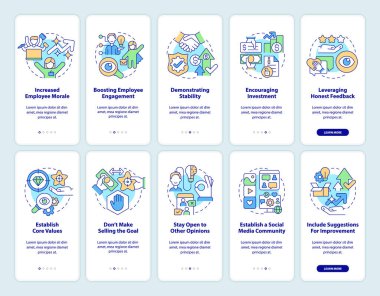 Business transparency onboarding mobile app screen set. Open information walkthrough 5 steps graphic instructions pages with linear concepts. UI, UX, GUI template. Myriad Pro-Bold, Regular fonts used