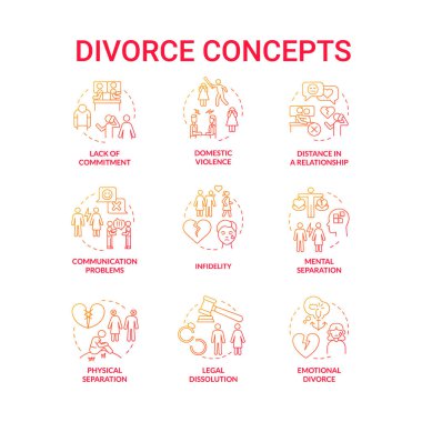 Divorce red gradient concept icons set. Reasons of couple breakup. Partners separation idea thin line color illustrations. Isolated outline drawings. Roboto-Medium, Myriad Pro-Bold fonts used