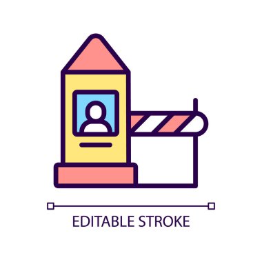 Land border checkpoint RGB color icon. Inspection and control. Crossing country border. Isolated vector illustration. Simple filled line drawing. Editable stroke. Pixel perfect. Arial font used