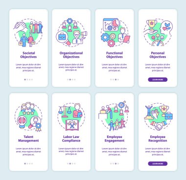 HR and business management onboarding mobile app screen set. Walkthrough 4 steps graphic instructions pages with linear concepts. UI, UX, GUI template. Myriad Pro-Bold, Regular fonts used