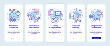 HR management basics onboarding mobile app screen. Recruitment process walkthrough 5 steps graphic instructions pages with linear concepts. UI, UX, GUI template. Myriad Pro-Bold, Regular fonts used