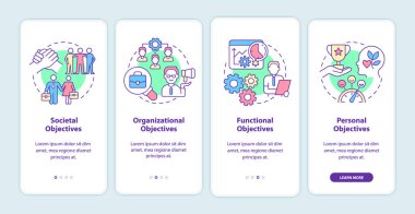 Objectives of Human resources management onboarding mobile app screen. Walkthrough 4 steps graphic instructions pages with linear concepts. UI, UX, GUI template. Myriad Pro-Bold, Regular fonts used