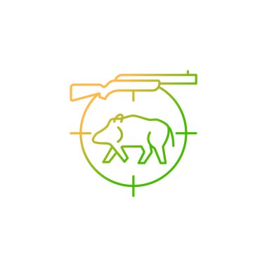 Yaban domuzu avlama gradyan doğrusal vektör simgesi. Vahşi domuzu yakalayın ve öldürün. Yaban domuzu ve yaban domuzu. Köpekle avlanmak. İnce çizgi renk sembolü. Modern tarz pictogram. Vektör izole çizimi