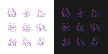 Karanlık ve aydınlık moduna göre sorumlu ebeveynlik eğrisi simgeleri. Sanat terapisi. Şişeyle beslenme. İnce çizgili sembol demetleri. Siyah ve beyaz üzerine izole vektör ana hatları koleksiyonu