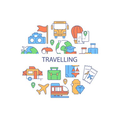 Manşetli soyut renk düzeniyle seyahat et. Dünya gezisi. Eğlence seyahati. Turistler için uçuş. Turizm yaratıcı bir fikir. Web arkaplanı için izole edilmiş vektör kontur simgeleri