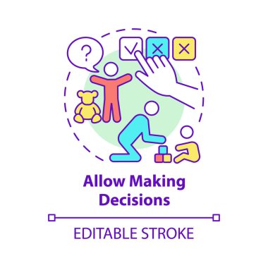 Karar verme konsepti simgesine izin ver. Çocuk soyut bir fikir üretiyor ve ince çizgiler çiziyor. Aile hiyerarşisi. Çocuk sorumluluğu. Vektör izole edilmiş dış hat renk çizimi. Düzenlenebilir vuruş