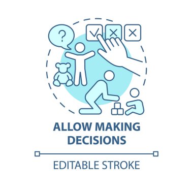 Kararların mavi konsept simgesi olmasına izin ver. Çocuk soyut bir fikir üretiyor ve ince çizgiler çiziyor. Aile hiyerarşisi. Çocuk sorumluluğu. Vektör izole edilmiş dış hat renk çizimi. Düzenlenebilir vuruş