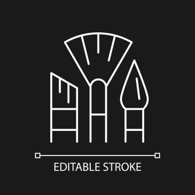 Koyu renk tema için beyaz doğrusal boya fırçası simgesi. Boya için fırça. Çizim aracı. İnce çizgi özelleştirilebilir illüstrasyon. Gece modu için izole vektör kontur sembolü. Düzenlenebilir vuruş