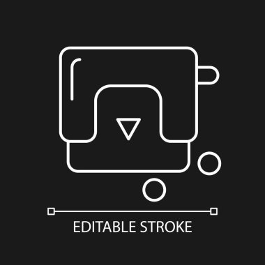 Koyu renk tema için beyaz doğrusal simgeyi delin. Kağıt delici. Ofis için cihaz. Yumruk makinesi. İnce çizgi özelleştirilebilir illüstrasyon. Gece modu için izole vektör kontur sembolü. Düzenlenebilir vuruş