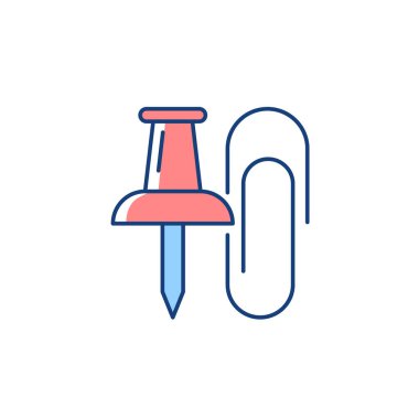 İğneler ve ataçlar RGB renk simgesi. Ofis malzemeleri. Kağıt çarşafları birbirine bağlamak. Asılı notlar, ilan panosundaki fotoğraflar. Bağlayıcı şarjörler. İzole vektör çizimi. Basit doldurulmuş çizgi çizimi