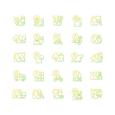 Geri dönüştürülmüş materyallerin gradyan doğrusal vektör simgeleri ayarlandı. Sürdürülebilir seçenek. Çevre dostu ürün. Kirlilik kontrolü. İnce çizgili sembol demetleri. İzole edilmiş taslak illüstrasyon koleksiyonu