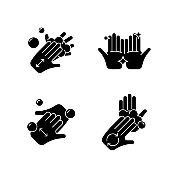 Washing Hands Instruction Black Glyph Icons Set White Space Rubbing — Stock Vector