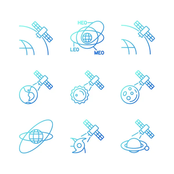 Satélites Funciones Gradiente Vector Lineal Iconos Conjunto Conexión Red Global — Archivo Imágenes Vectoriales