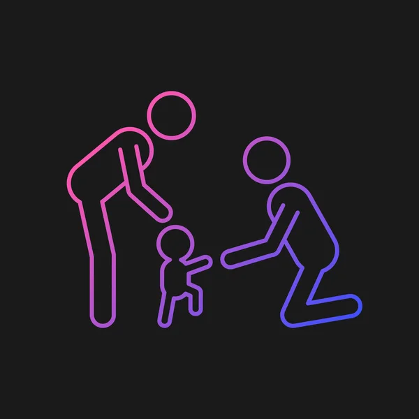 暗いテーマのためのグラデーションベクトルアイコンを歩くために幼児を教える 赤ちゃんの第一歩 親は積極的に励まします 細い線の色のシンボル 現代風ピクトグラム ベクトル絶縁外形図面 — ストックベクタ