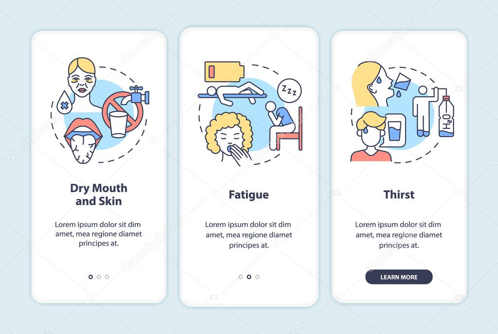 Dehydration symptoms onboarding mobile app page screen. Signs of fluid loss walkthrough 3 steps graphic instructions with concepts. UI, UX, GUI vector template with linear color illustrations