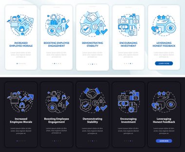 Transparency profit night and day mode onboarding mobile app screen. Walkthrough 5 steps graphic instructions pages with linear concepts. UI, UX, GUI template. Myriad Pro-Bold, Regular fonts used