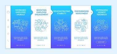 Mavi şeffaflık gradyan şablonunun faydaları. İş kârı. Doğrusal konsept simgeleriyle cevap veren mobil web sitesi. Web sayfasında 5 basamaklı ekranlar. Kullanılan Lato Kalın, Düzenli yazı tipleri