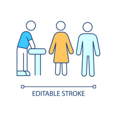 Appointment with specialist RGB color icon. People and manager at counter. Service for customers. Isolated vector illustration. Simple filled line drawing. Editable stroke. Arial font used