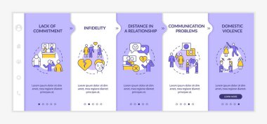 Reasons for divorce purple and white onboarding template. Separation process. Responsive mobile website with linear concept icons. Web page walkthrough 5 step screens. Lato-Bold, Regular fonts used