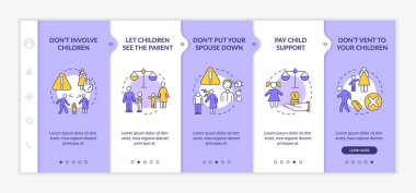 Divorce dos and donts purple and white onboarding template. Separation tips. Responsive mobile website with linear concept icons. Web page walkthrough 5 step screens. Lato-Bold, Regular fonts used
