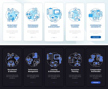 İnsan Kaynakları yönetim temel gecesi, gündüz modu mobil uygulama ekranında. Çizgisel kavramlarla dolu 5 aşamalı grafik talimatları. UI, UX, GUI şablonu. Kullanılan sayısız Pro-Kalın, Düzenli yazı tipleri