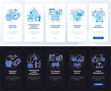 Skills for HR manager night, day mode onboarding mobile app screen. Walkthrough 5 steps graphic instructions pages with linear concepts. UI, UX, GUI template. Myriad Pro-Bold, Regular fonts used
