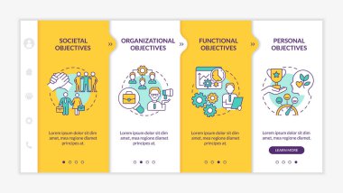 Objectives of Human resources management yellow onboarding template. Responsive mobile website with linear concept icons. Web page walkthrough 4 step screens. Lato-Bold, Regular fonts used