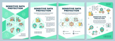 Sensitive data protection green brochure template. Booklet print design with linear icons. Vector layouts for presentation, annual reports, ads. Arial-Black, Myriad Pro-Regular fonts used