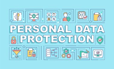 Personal data protection word concepts turquoise banner. Infographics with linear icons on background. Isolated typography. Vector color illustration with text. Arial-Black font used
