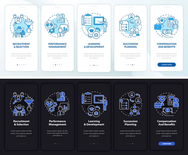 HR management basics night, day mode onboarding mobile app screen. Walkthrough 5 steps graphic instructions pages with linear concepts. UI, UX, GUI template. Myriad Pro-Bold, Regular fonts used