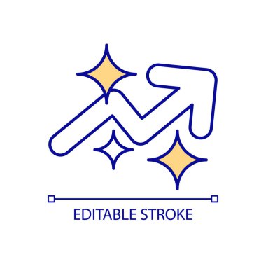 Şirket geliştirme stratejisi RGB renk simgesi. Büyüme grafiği ve ok. İş başarısı. İzole vektör çizimi. Basit bir çizgi çizimi. Düzenlenebilir felç. Kullanılan Arial yazı tipi