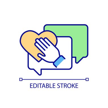 İnternetteki romantik ilişki RGB renk simgesi. Randevu ve iletişim uygulaması. İnternette aşkı bulmak. İzole vektör çizimi. Basit bir çizgi çizimi. Düzenlenebilir felç. Kullanılan Arial yazı tipi