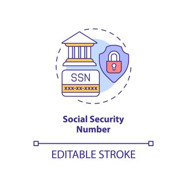 Sosyal güvenlik numarası konsepti ikonu. Son derece hassas veriler. Güvenli bilgi soyut fikir ince çizgi çizimi. İzole bir taslak çizim. Düzenlenebilir felç. Kullanılan Roboto-Orta, Myriad Pro-Kalın yazı tipleri