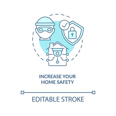 Ev güvenliği mavi konsept ikonunuzu artırın. Gözetim sistemleri kalite güvencesi. Ev güvenlik kameraları soyut fikir ince çizgili resimleme. Vektör izole edilmiş dış hat renk çizimi. Düzenlenebilir vuruş