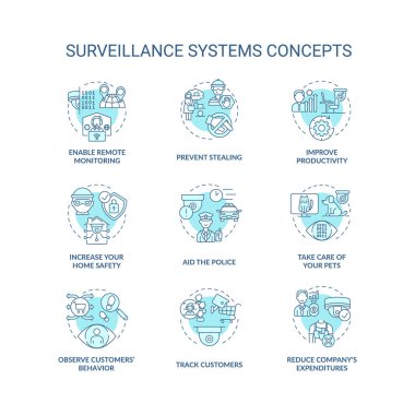 Gözetim sistemi fayda konsepti simgeleri ayarlandı. Özel ve kamu güvenliği. Hırsızlık önleme. Güvenlik kameraları ince çizgi çizimlerini soyut olarak gösteriyor. Vektör izole çizimler. Düzenlenebilir vuruş