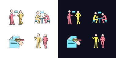 İletişim ışığı ve karanlık temalı RGB renk simgelerinin anlaşılması. Sözsüz sinyal. Mektup yazıyorum. Beyaz ve siyah uzayda izole vektör çizimleri. Basit çizgi çizimleri paketi