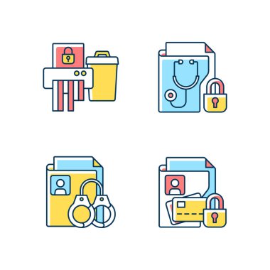 Bilgi duyarlılığı RGB renk simgeleri ayarlandı. Belgeler yok ediliyor. Tıbbi geçmiş güvenliği. Sabıka kaydı. Finansal veriler. İzole vektör çizimleri. Basit çizgi çizimleri koleksiyonu