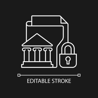 Karanlık tema için gizli bilgi beyaz doğrusal simgesi. Hassas verileri koruyorum. Çok gizli. İnce çizgi özelleştirilebilir illüstrasyon. Gece modu için izole vektör kontur sembolü. Düzenlenebilir vuruş