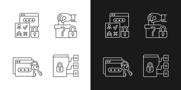 Линейные значки чувствительности данных, установленные для темного и светлого режимов. Политическая принадлежность. Управление паролями. Настраиваемые тонкие линии символов. Изолированные векторные контуры иллюстраций. Штрих к таблице
