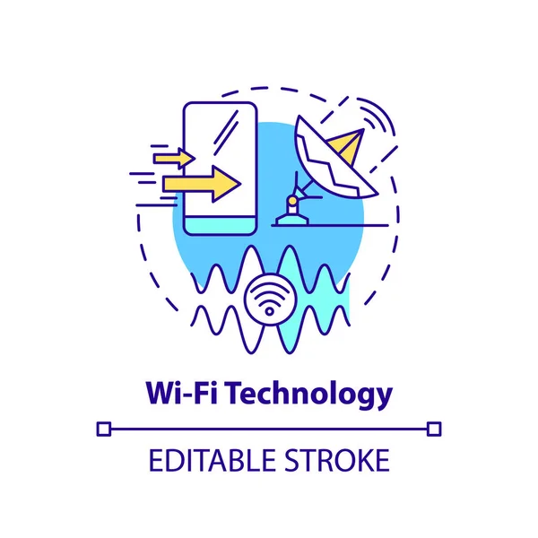 Wifi技術コンセプトアイコン ローカルエリアネットワーク抽象的なアイデア細い線図 無線信号技術 ノートパソコンとモバイル接続 ベクトル分離アウトラインカラー図面 編集可能なストローク — ストックベクタ