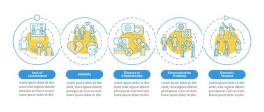 Boşanma nedenleri mavi çember bilgi şablonu. Yasal süreç. Veri görselleştirmesi 5 adımda. İşlem zaman çizelgesi bilgi şeması. Satır simgeleriyle çalışma akışı düzeni. Kullanılan sayısız Pro-Kalın, Düzenli yazı tipleri