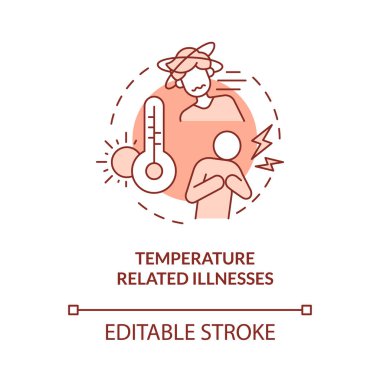 Sıcaklıkla ilgili hastalıklar kırmızı konsept ikonu. İklim değişikliği ve sağlık soyut fikri ince çizgi çizimi. İzole bir taslak çizim. Düzenlenebilir felç. Kullanılan Roboto-Orta, Myriad Pro-Kalın yazı tipleri