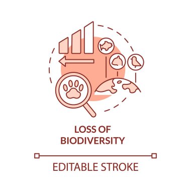 Biyolojik çeşitlilik kaybı kırmızı konsept ikonu. İklim değişikliğinin çevre üzerindeki etkisi soyut fikir ince çizgi çizimi üzerinedir. İzole bir taslak çizim. Düzenlenebilir felç. Kullanılan Roboto-Orta, Myriad Pro-Kalın yazı tipleri