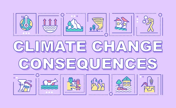 Consecuencias Del Cambio Climático Conceptos Palabras Bandera Púrpura Infografías Con — Vector de stock