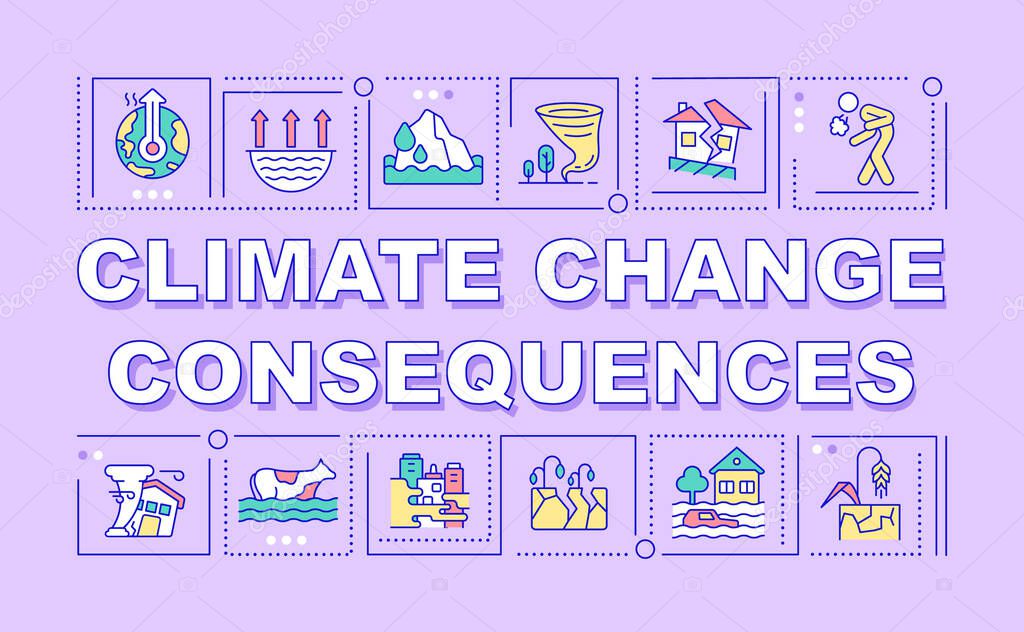 Climate change consequences word concepts purple banner. Infographics with linear icons on background. Isolated typography. Vector color illustration with text. Arial-Black font used