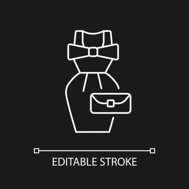 Karanlık tema için klasik moda beyaz doğrusal simgesi. Eski tarz giysiler. İkinci el kıyafetler. İnce çizgi özelleştirilebilir illüstrasyon. Gece modu için izole vektör kontur sembolü. Düzenlenebilir vuruş