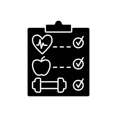 Sağlık programı siyah kabartma simgesi. Çevrimiçi fitness terapiye meydan okuyor. Sağlık hizmetlerinde artış. Sigara içmeyi bırakma. Kilo verme eğitimi. Beyaz uzayda siluet sembolü. Vektör izole illüstrasyonu