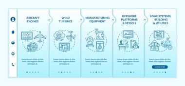 Endüstri tarafından modern uygulama vektör şablonu. Simgeli ilgili mobil web sitesi. Web sayfasında 5 basamaklı ekranlar. Doğrusal çizimler ile rüzgar türbinleri renk kavramı