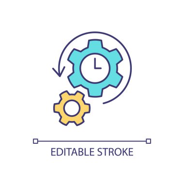 Sistem güncelleme zamanı RGB renk simgesi. Ekipman kontrolü. Saat yüzlü dişliler. Kontrol ve onarım. İzole vektör çizimi. Basit bir çizgi çizimi. Düzenlenebilir felç. Kullanılan Arial yazı tipi