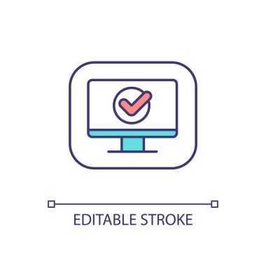 Bilgisayar başarıyla RGB renk simgesini kontrol etti. Sistemi hacker saldırısından koru. Yazılım ve donanım. İzole vektör çizimi. Basit bir çizgi çizimi. Düzenlenebilir felç. Kullanılan Arial yazı tipi